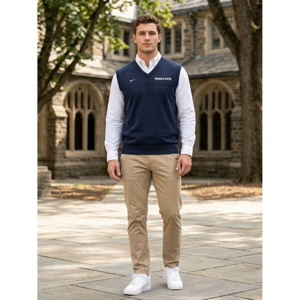 Nike Mens Penn State Sweater Vest Vintage 100% Merino Wool V-Neck Blue Large